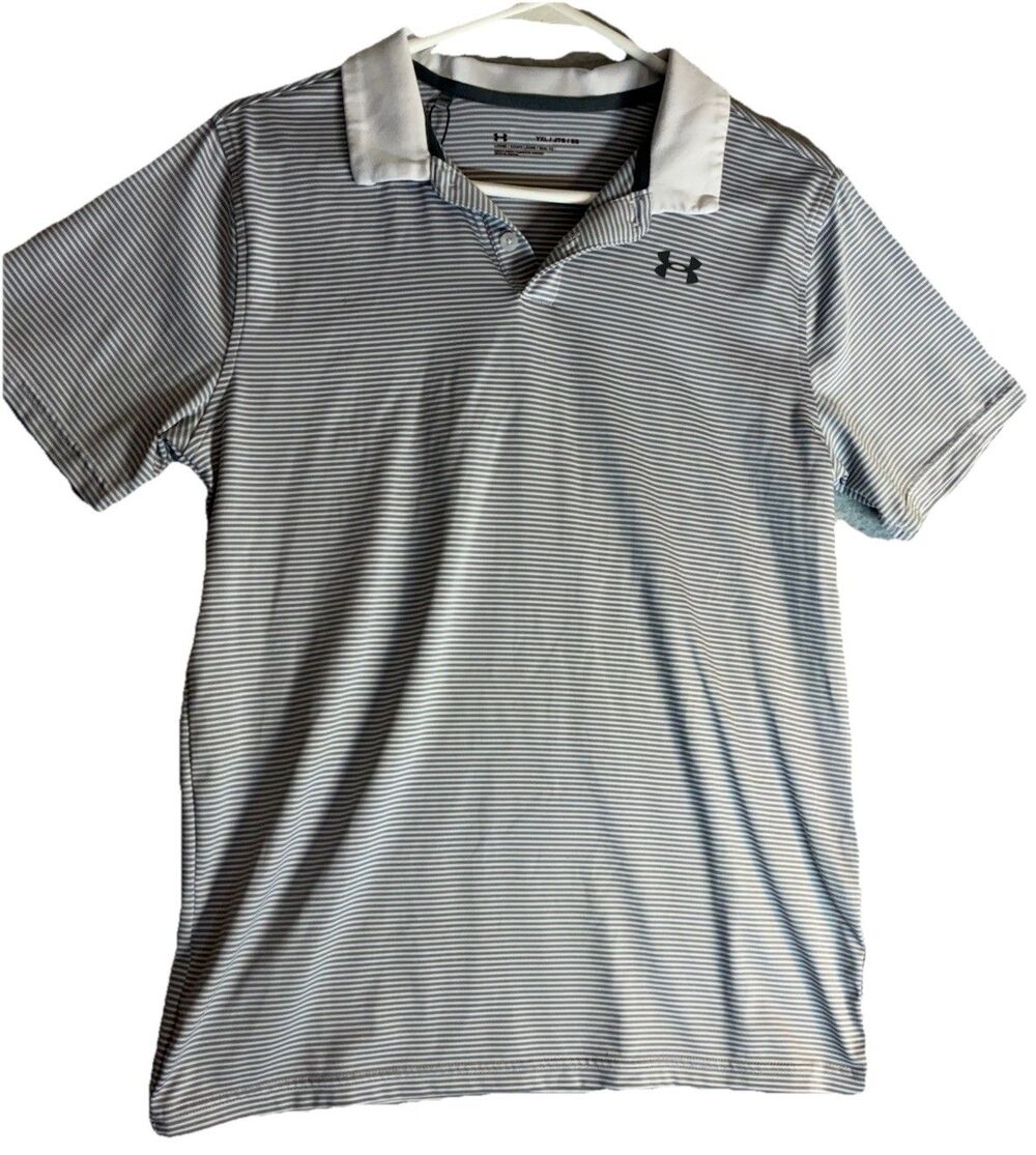 Under Armour Youth Sz Xl Gray Polo Stripe Athletic Moisture Wicking